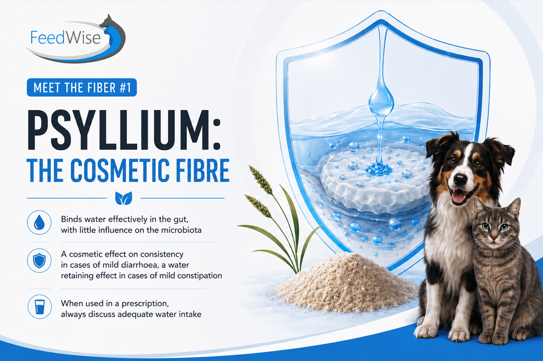 FeedWise infographic: psyllium, the cosmetic fibre. Binds water effectively in the gut with little influence on the microbiota, has a cosmetic effect on consistency in mild diarrhoea and a water retaining effect in mild constipation, and should always be prescribed together with advice on adequate water intake.