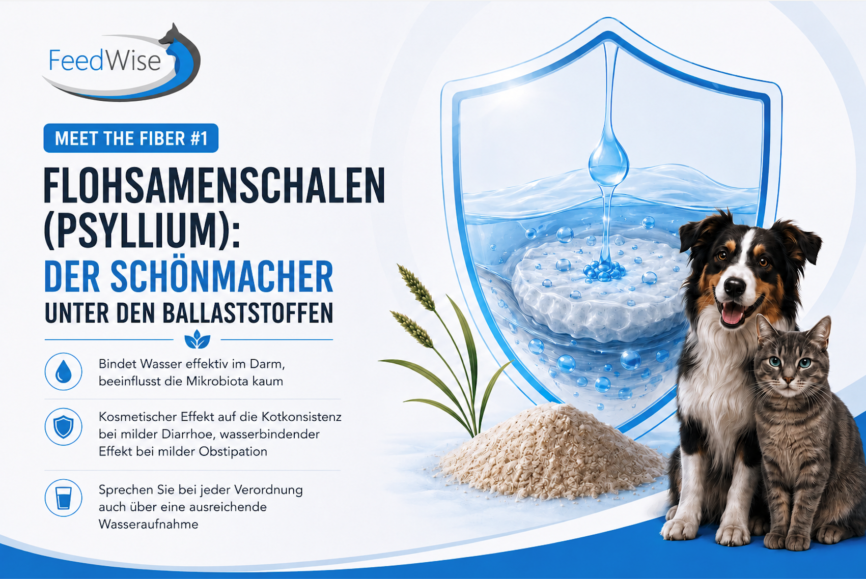 FeedWise-Infografik: Flohsamenschalen (Psyllium), der Schönmacher unter den Ballaststoffen. Bindet Wasser effektiv im Darm und beeinflusst die Mikrobiota kaum, wirkt kosmetisch auf die Kotkonsistenz bei milder Diarrhoe und wasserbindend bei milder Obstipation, und sollte immer zusammen mit dem Hinweis auf eine ausreichende Wasseraufnahme verordnet werden.
