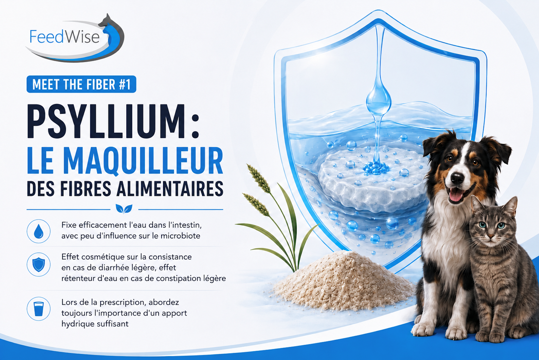 Infographie FeedWise : le psyllium, le maquilleur des fibres alimentaires. Fixe efficacement l'eau dans l'intestin avec peu d'influence sur le microbiote, exerce un effet cosmétique sur la consistance en cas de diarrhée légère et un effet rétenteur d'eau en cas de constipation légère, et doit toujours être prescrit en abordant l'importance d'un apport hydrique suffisant.
