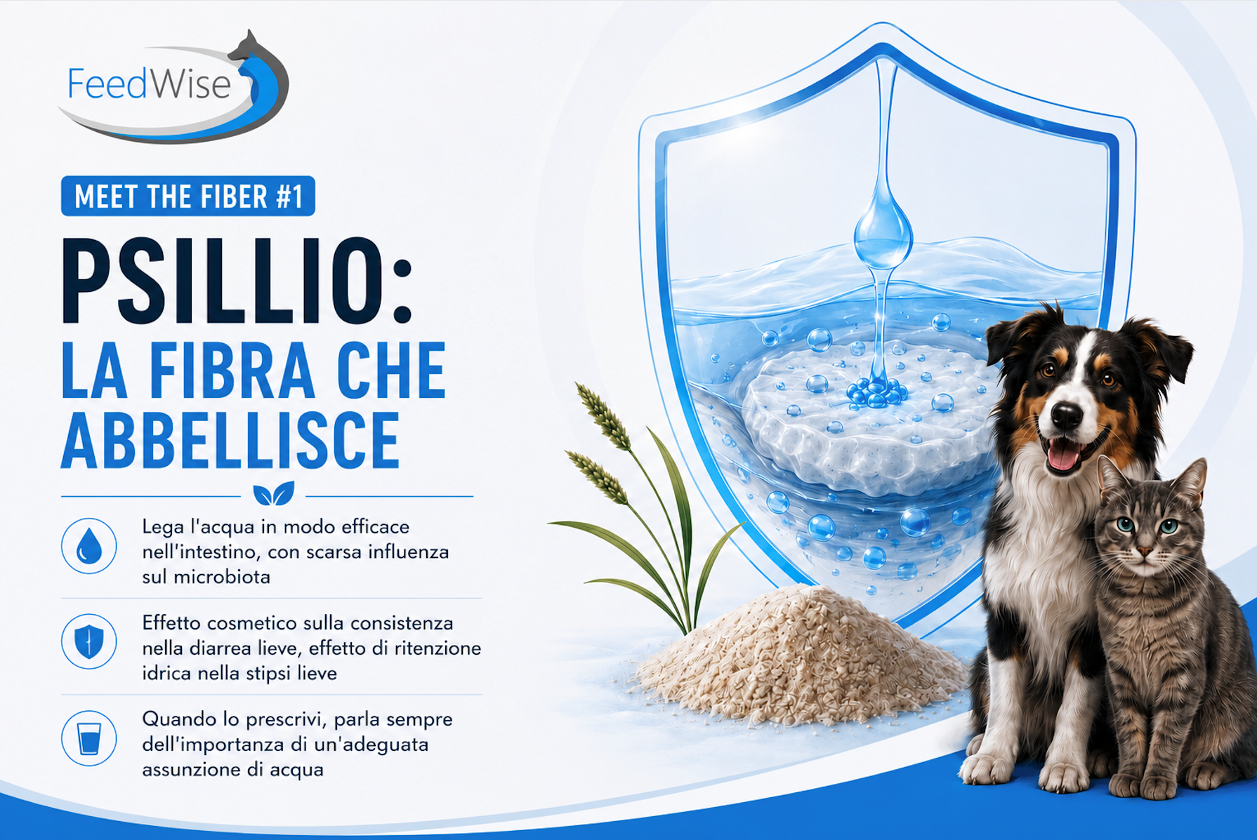 Infografica FeedWise: lo psillio, la fibra che abbellisce. Lega l'acqua in modo efficace nell'intestino con scarsa influenza sul microbiota, ha un effetto cosmetico sulla consistenza nella diarrea lieve e un effetto di ritenzione idrica nella stipsi lieve, e va sempre prescritto parlando dell'importanza di un adeguato apporto di acqua.