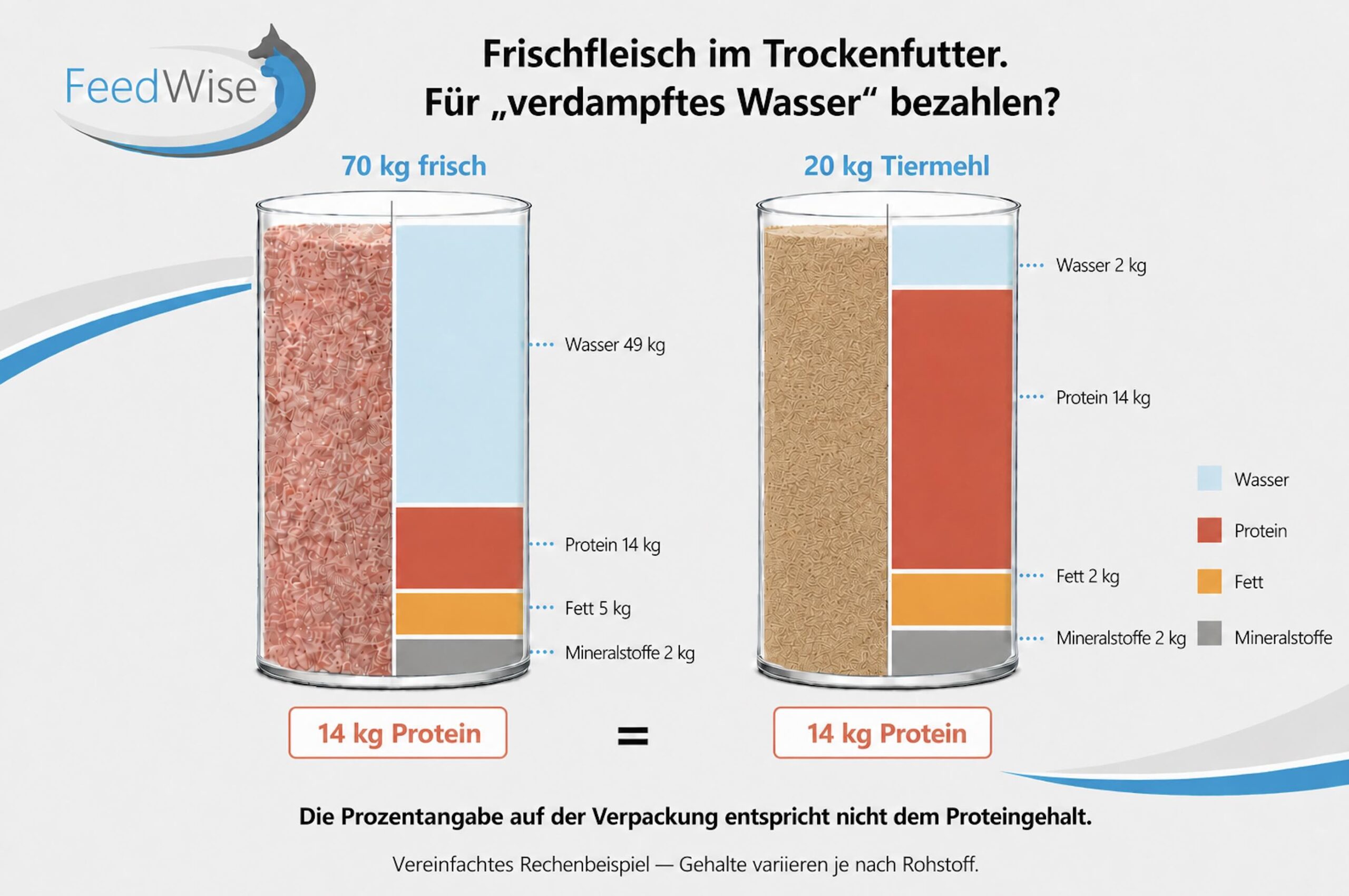FeedWise Infografik: 70 kg Frischfleisch mit 20 % Rohprotein und 20 kg Tiermehl mit 70 % Rohprotein liefern beide rund 14 kg Protein; im Frischfleisch verdampfen 49 kg Wasser bei der Herstellung.