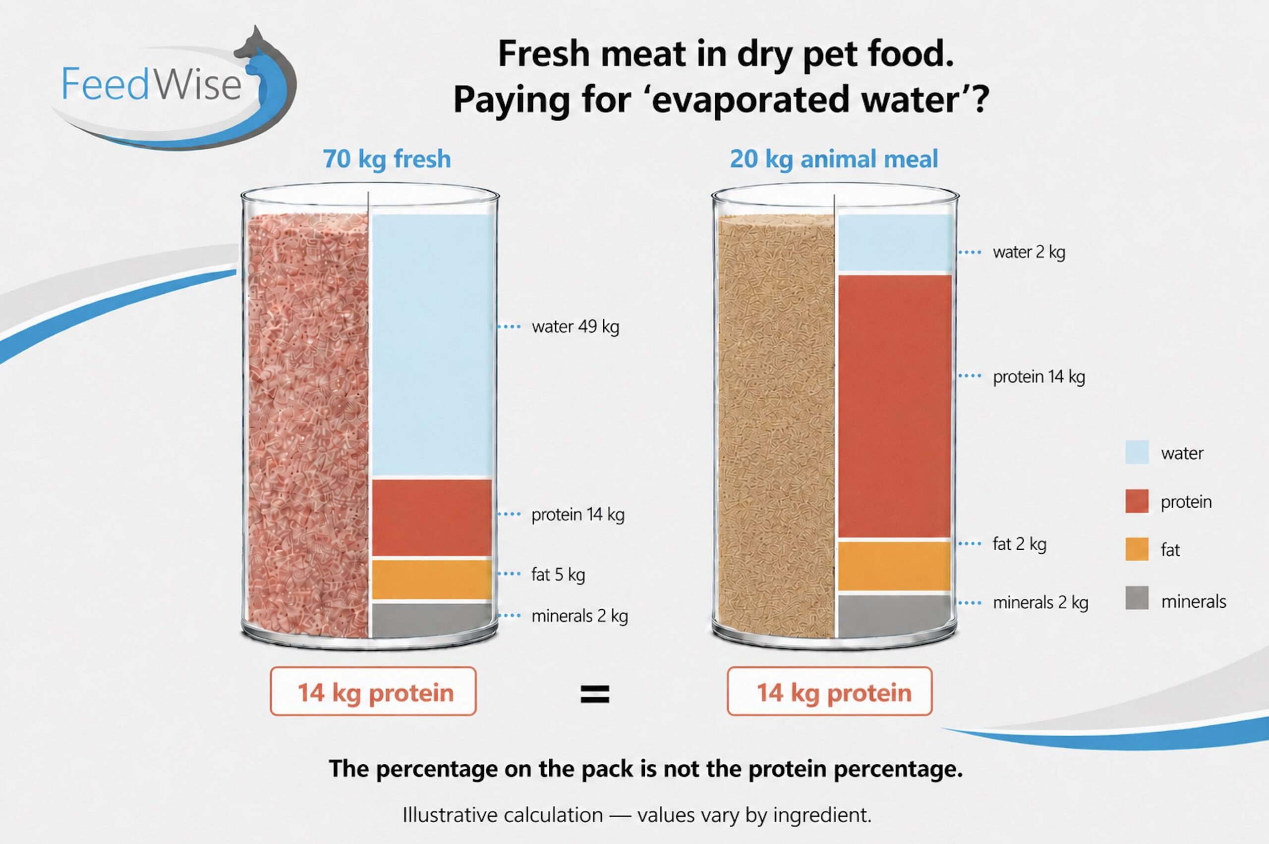 FeedWise infographic: 70 kg of fresh meat at 20% crude protein and 20 kg of animal meal at 70% crude protein both yield about 14 kg of protein; 49 kg of water in the fresh meat evaporates during production.