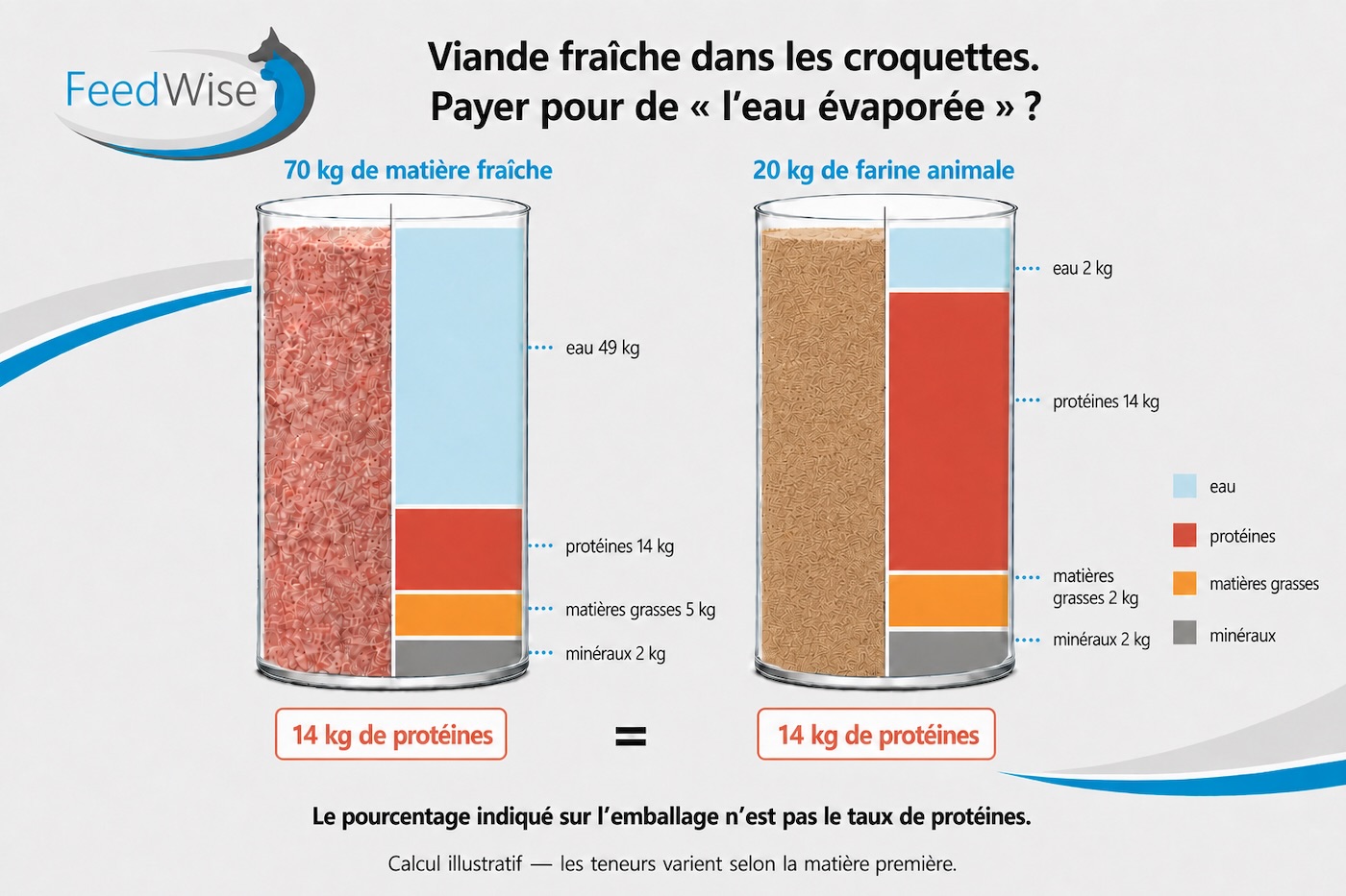 Infographie FeedWise : 70 kg de viande fraîche à 20 % de protéines brutes et 20 kg de farine animale à 70 % apportent tous deux environ 14 kg de protéines ; 49 kg d’eau s’évaporent lors de la fabrication.